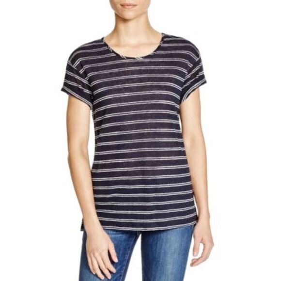 Vince Medium Navy White Striped Linen T-Shirt Roll Cuff Summer Nautical French - Picture 9 of 9
